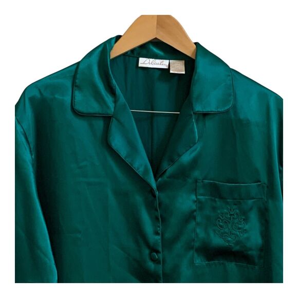 Delicates Pajama Set Womens LARGE Green Satin Long Sleeve Elastic Waist PJs - Picture 4 of 16